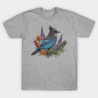 Botanical Steller's Jay Bird Wildlife Art T-Shirt